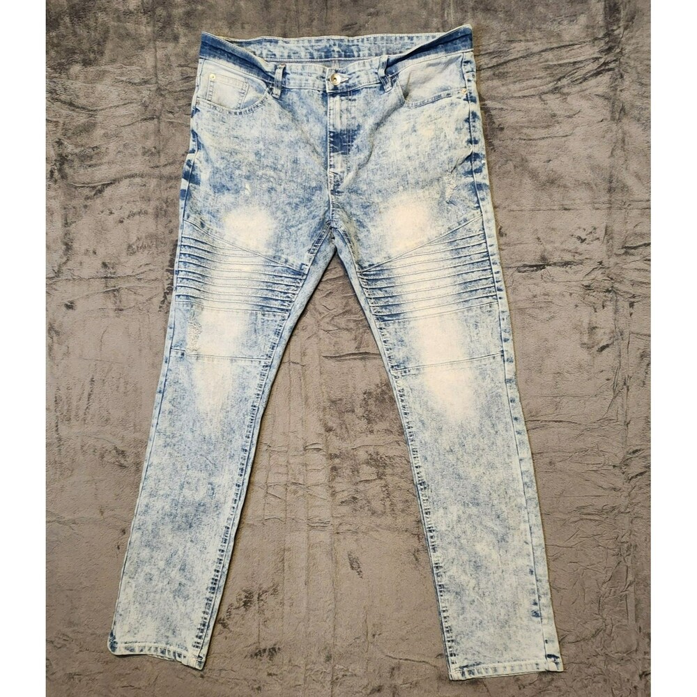 Southpole Mens Moto Skinny Jeans 34x31 Blue Acid Wash Distressed Biker Y2K